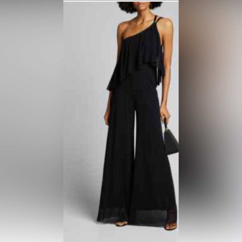 FUZZI Black One-Shoulder Ruffled Jumpsuit